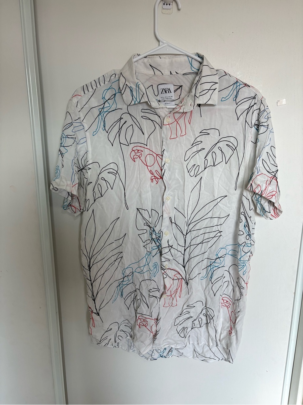 ZARA Men Large Slim Fit Tropical Line Art Short Sleeves Shirt Casual Button Down